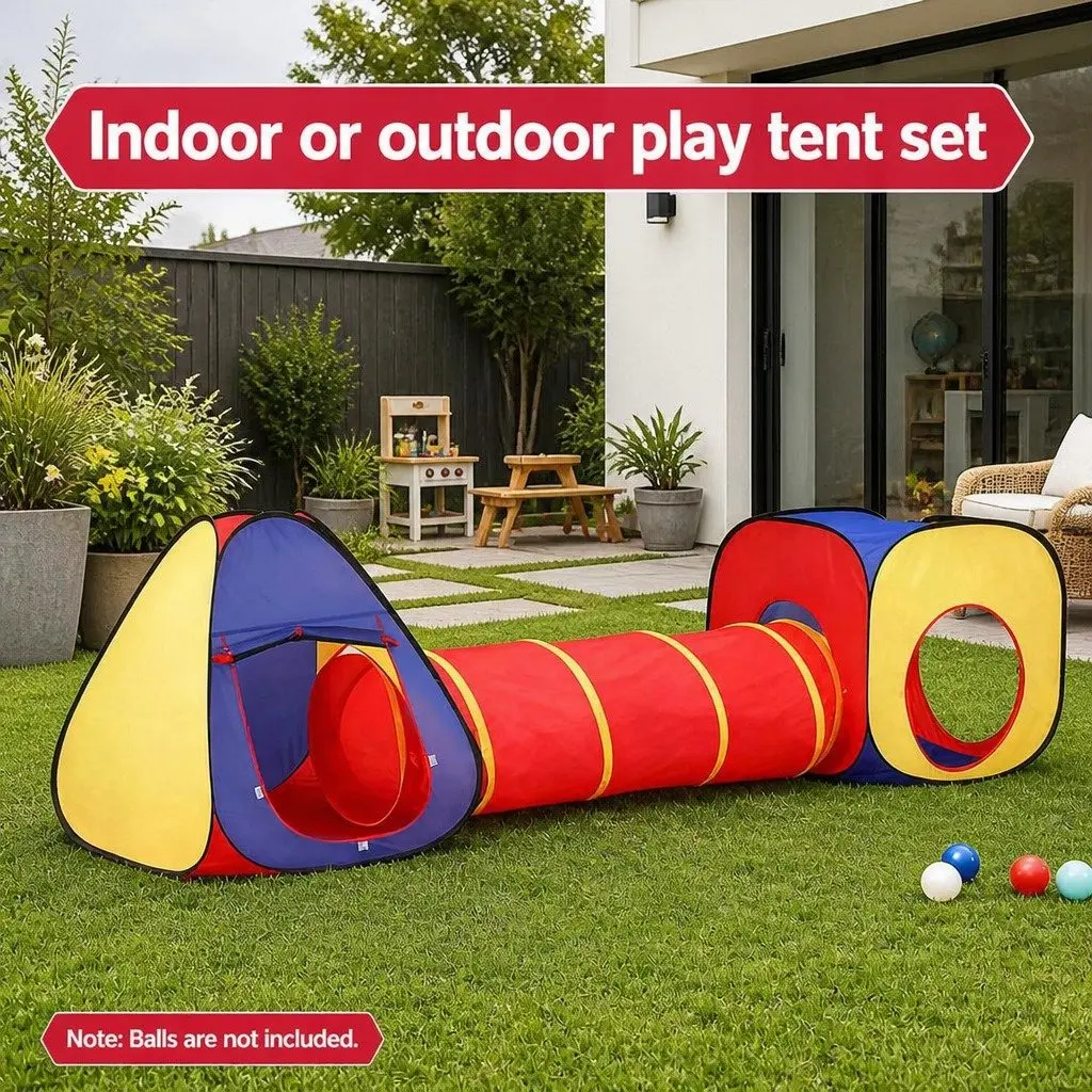 Kids Play Tent 3-in-1 Teepee Cube Playhouse Crawl Tunnel Indoor Outdoor Multicolour