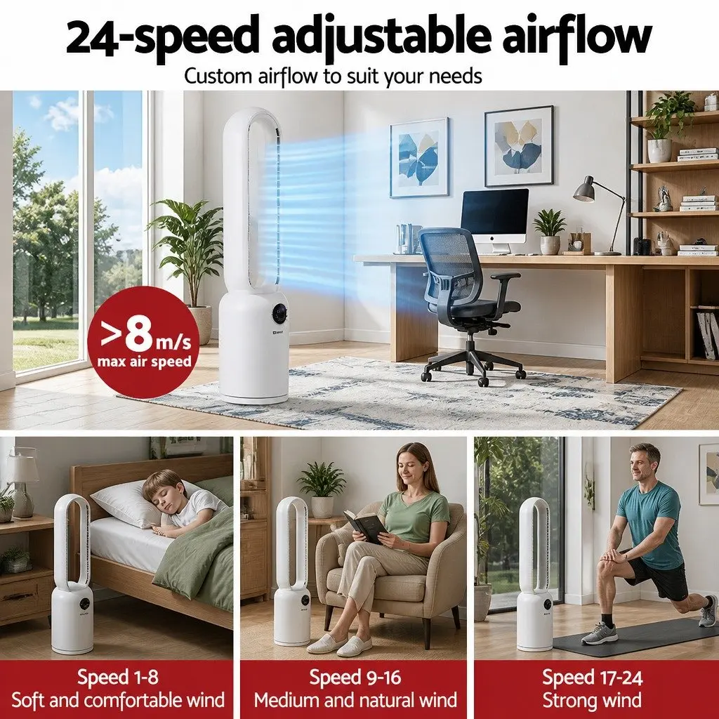 Bladeless Fan Air Purification 88cm White Remote Control 24 Speed