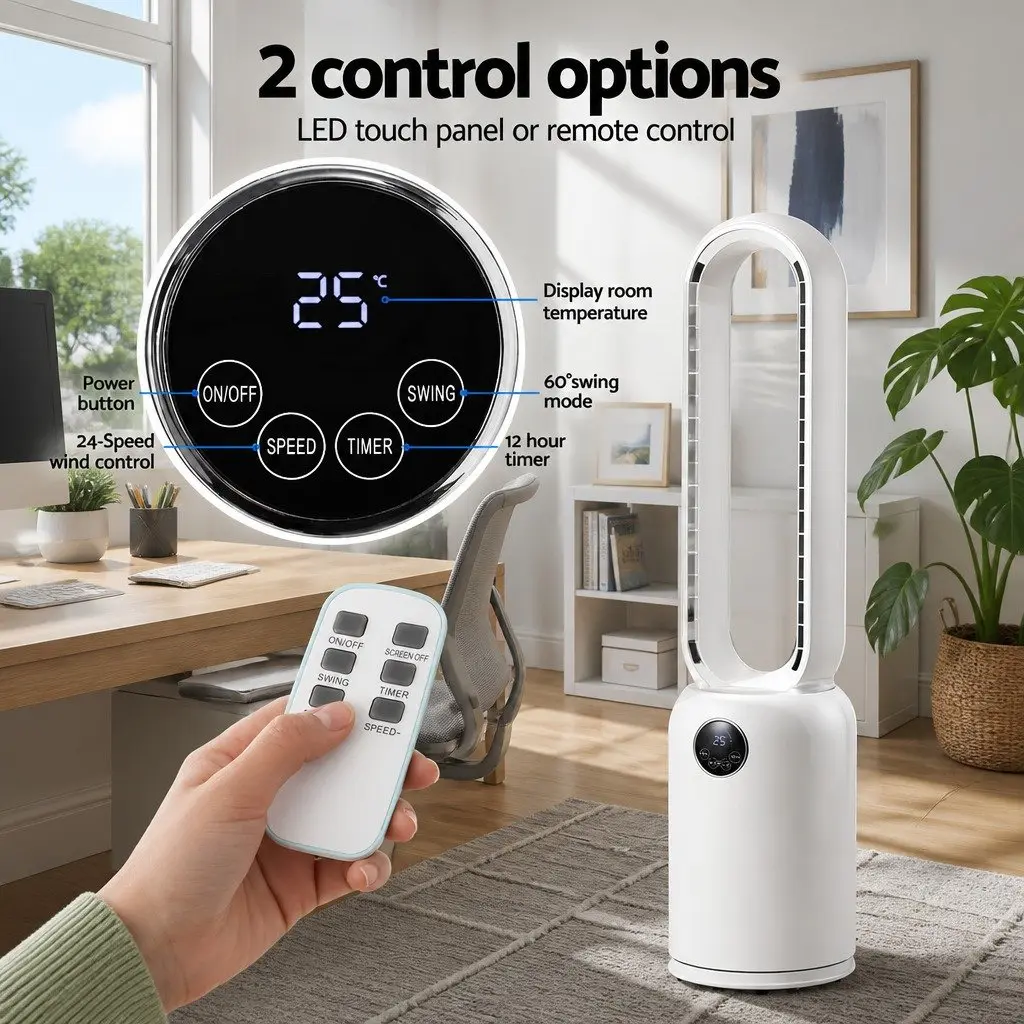 Bladeless Fan Air Purification 88cm White Remote Control 24 Speed