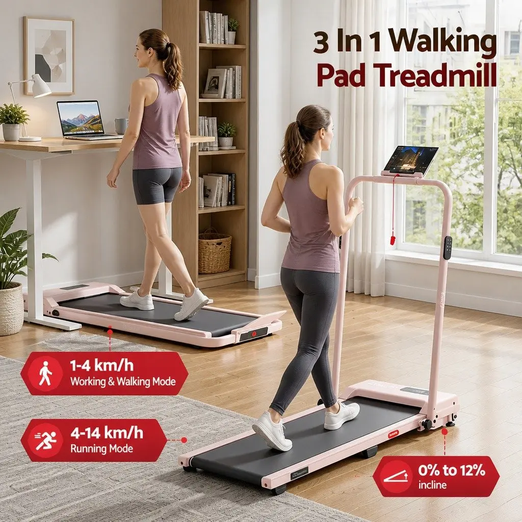 3 in 1 Walking Pad Treadmill Under Desk Home Gym Cardio Machine 90 x 38 cm Pink