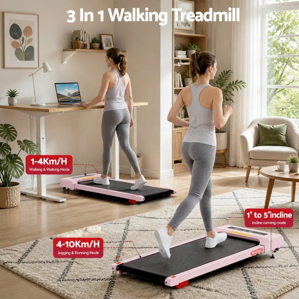 Electric Walking Pad Treadmill Compact Under Desk Incline 3 Level Pink