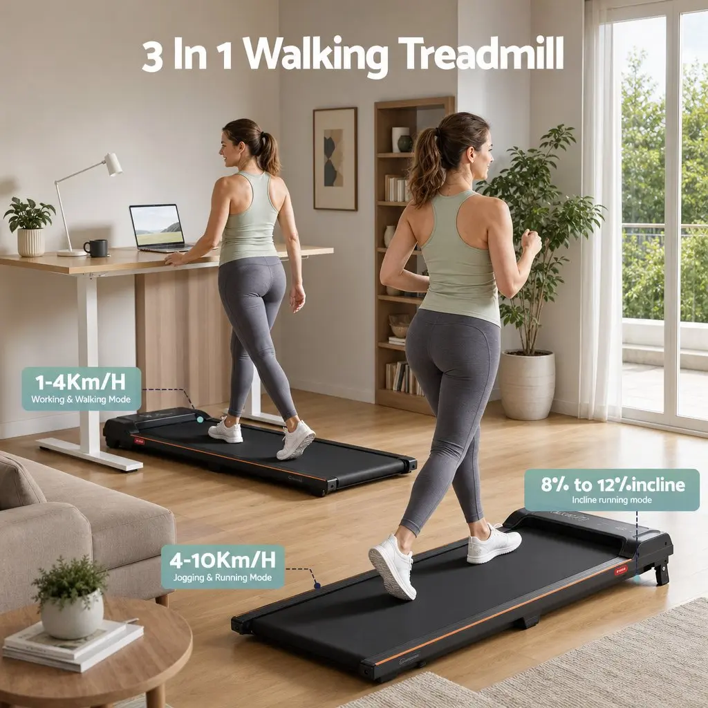 3 in 1 Walking Pad Treadmill 12% Incline Under Desk Home Gym Cardio Machine