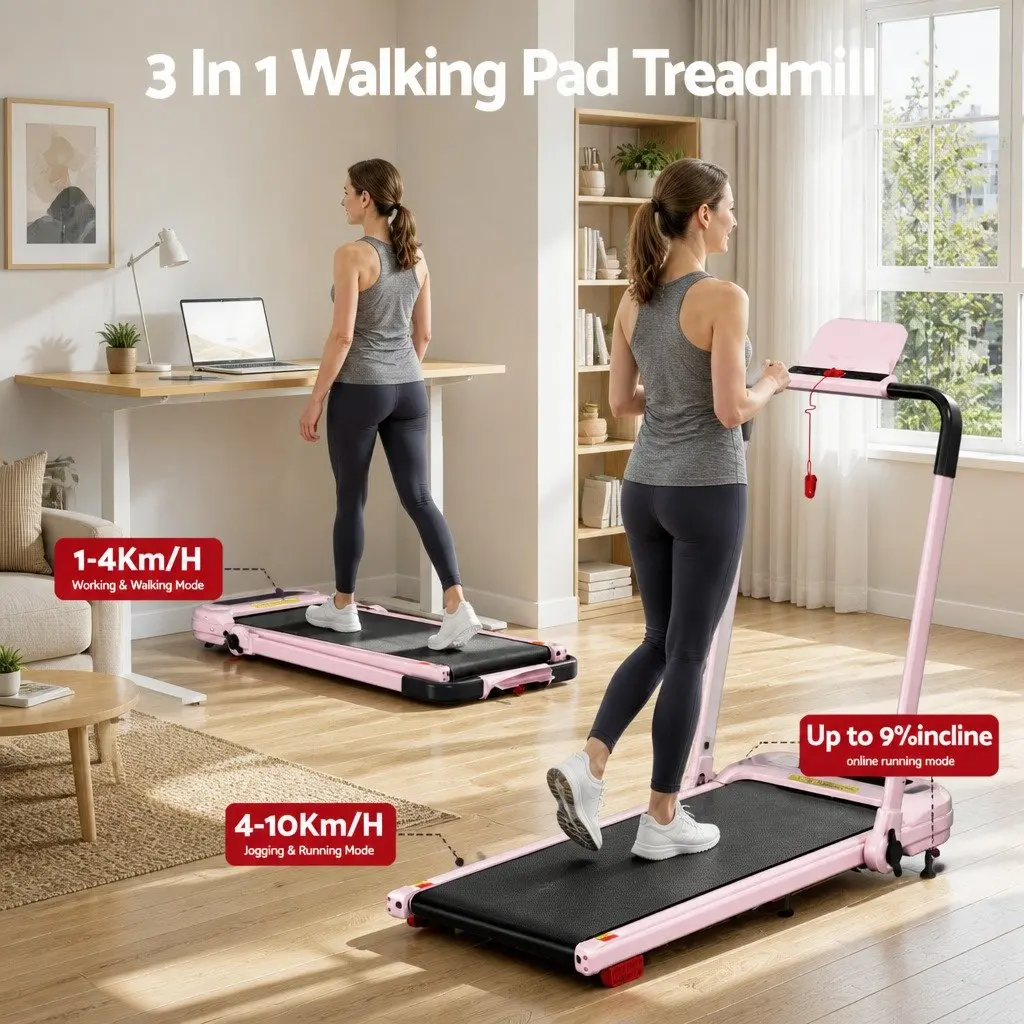 Electric Treadmill Walking Pad 3-Level Incline Foldable Home Gym Pink