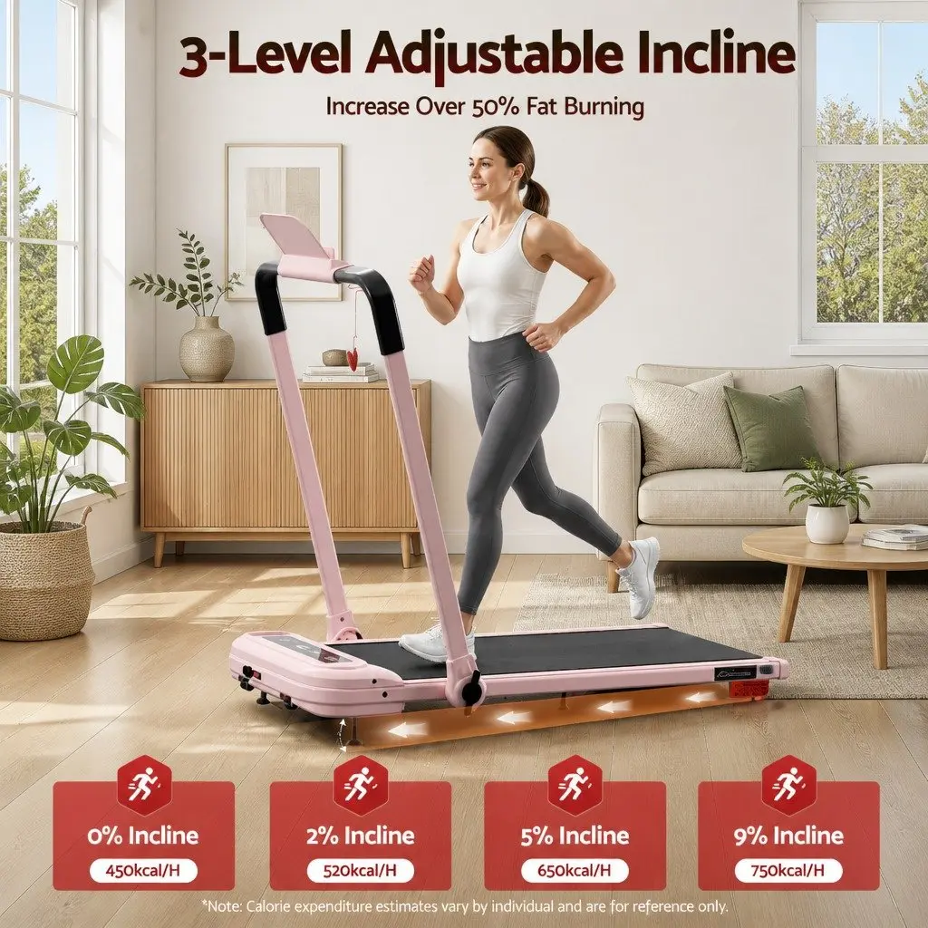 Electric Treadmill Walking Pad 3-Level Incline Foldable Home Gym Pink