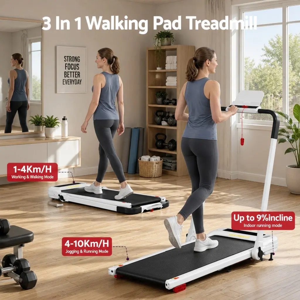 Electric Treadmill Walking Pad Home Gym 3 Level Incline Foldable White