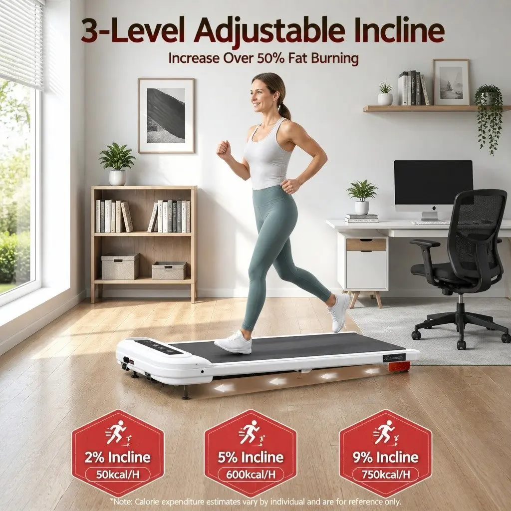 Electric Treadmill Walking Pad Under Desk 3 Level Incline Compact White