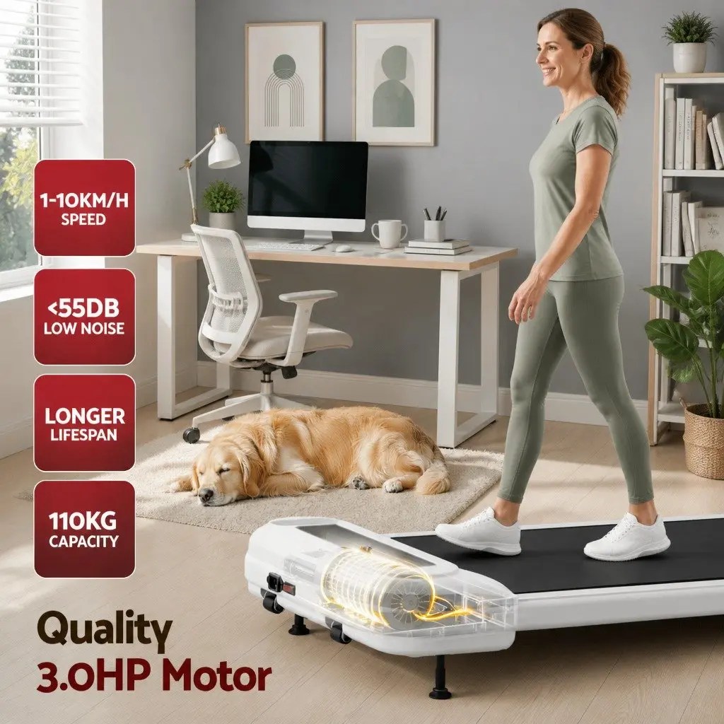 Electric Treadmill Walking Pad Under Desk 3 Level Incline Compact White