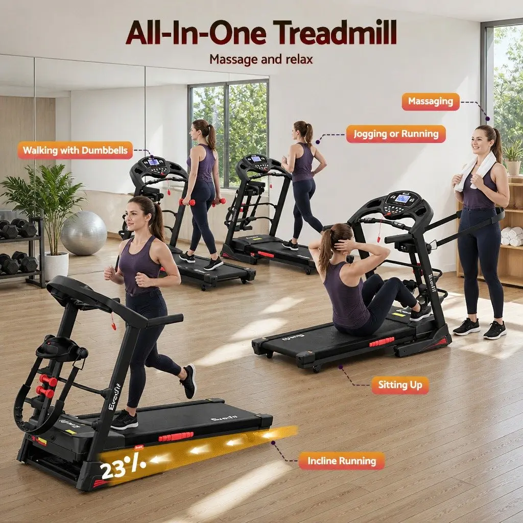 Electric Treadmill Fitness Exercise Machine Foldable with Massager Belt Black