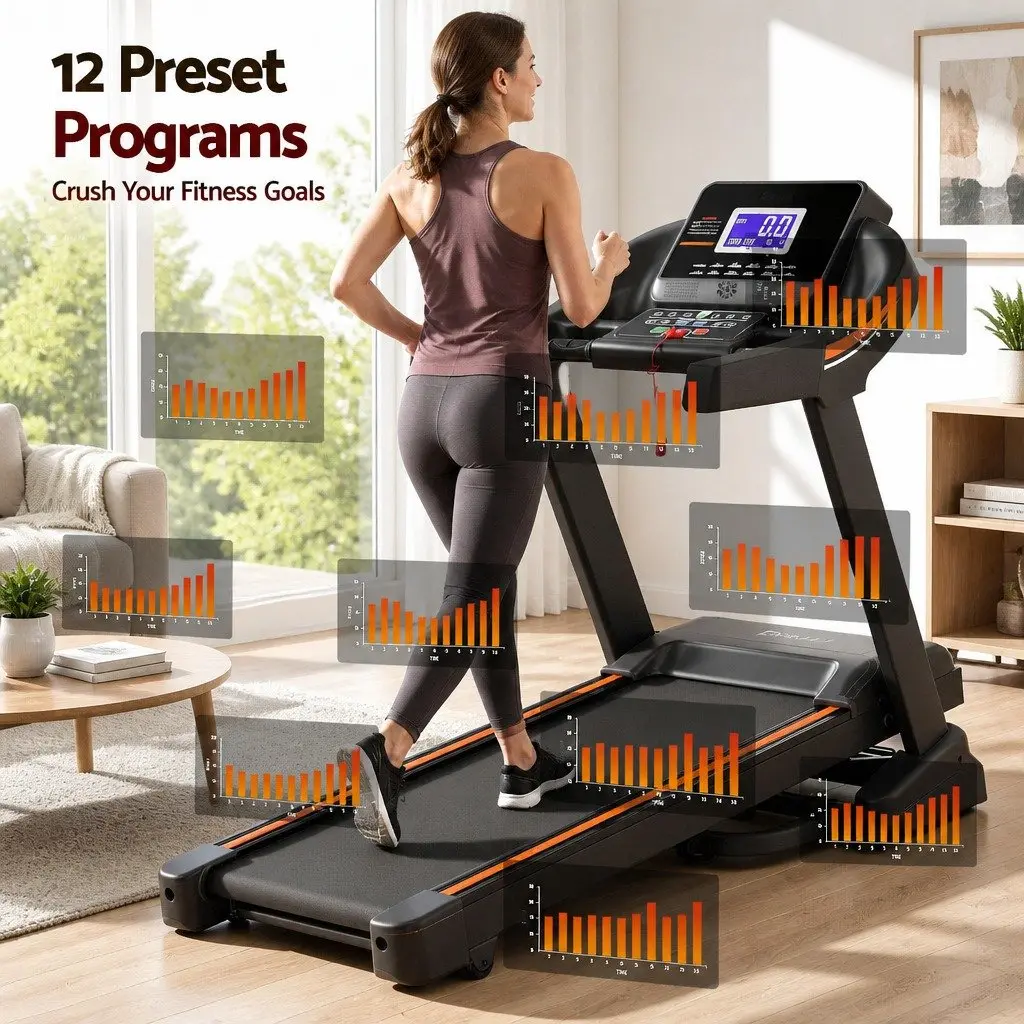 Electric Treadmill Home Fitness Automatic Incline 12 Programs Black