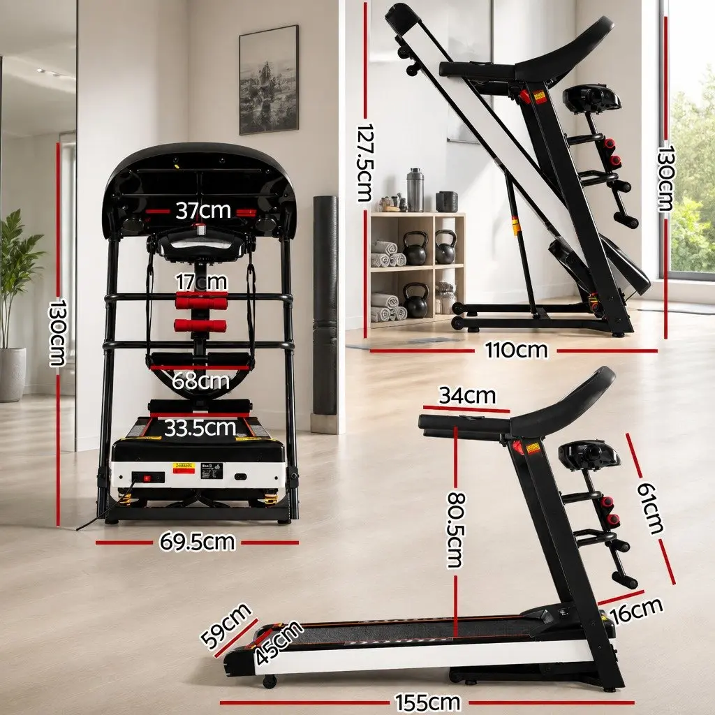 Electric Treadmill Home Gym Fitness Machine with Massager Sit-up Bar Dumbbells Black and White 155cm x 69.5cm x 130cm