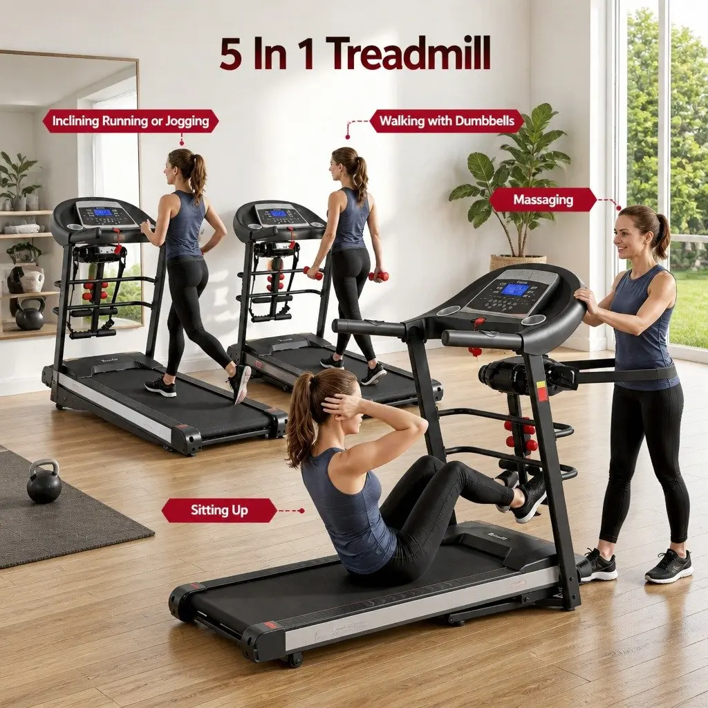 Electric Treadmill Home Gym Fitness Machine with Massager Sit-up Bar Dumbbells Black and White 155cm x 69.5cm x 130cm