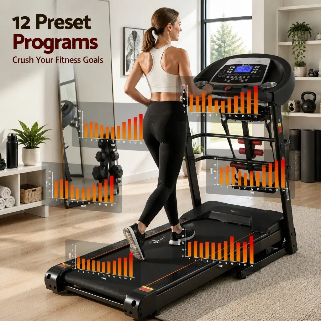 Electric Treadmill Home Gym Fitness Machine with Massager Sit-up Bar Dumbbells Black and White 155cm x 69.5cm x 130cm