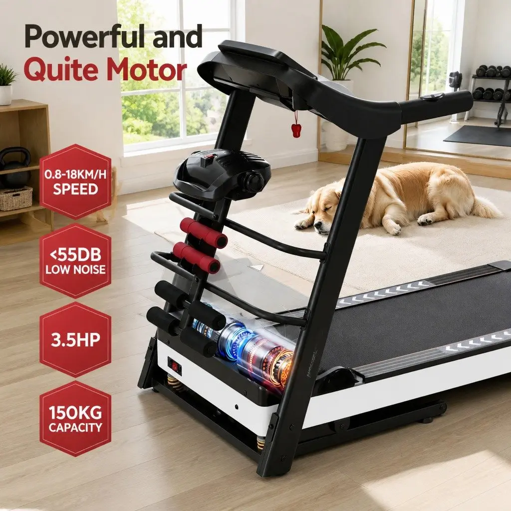 Electric Treadmill Home Gym Fitness Machine with Massager Sit-up Bar Dumbbells Black and White 155cm x 69.5cm x 130cm