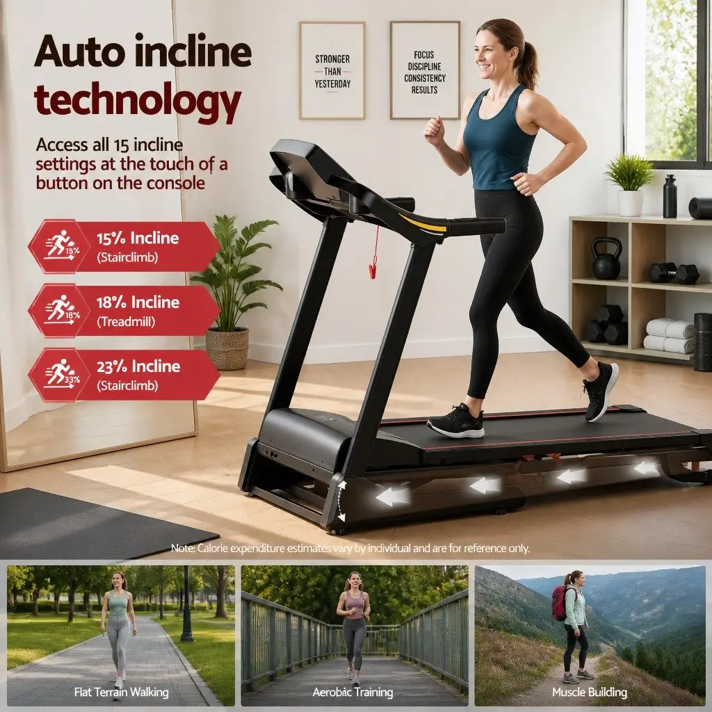 Electric Treadmill Home Gym Fitness Machine Auto Incline 18 Speed 480mm Black