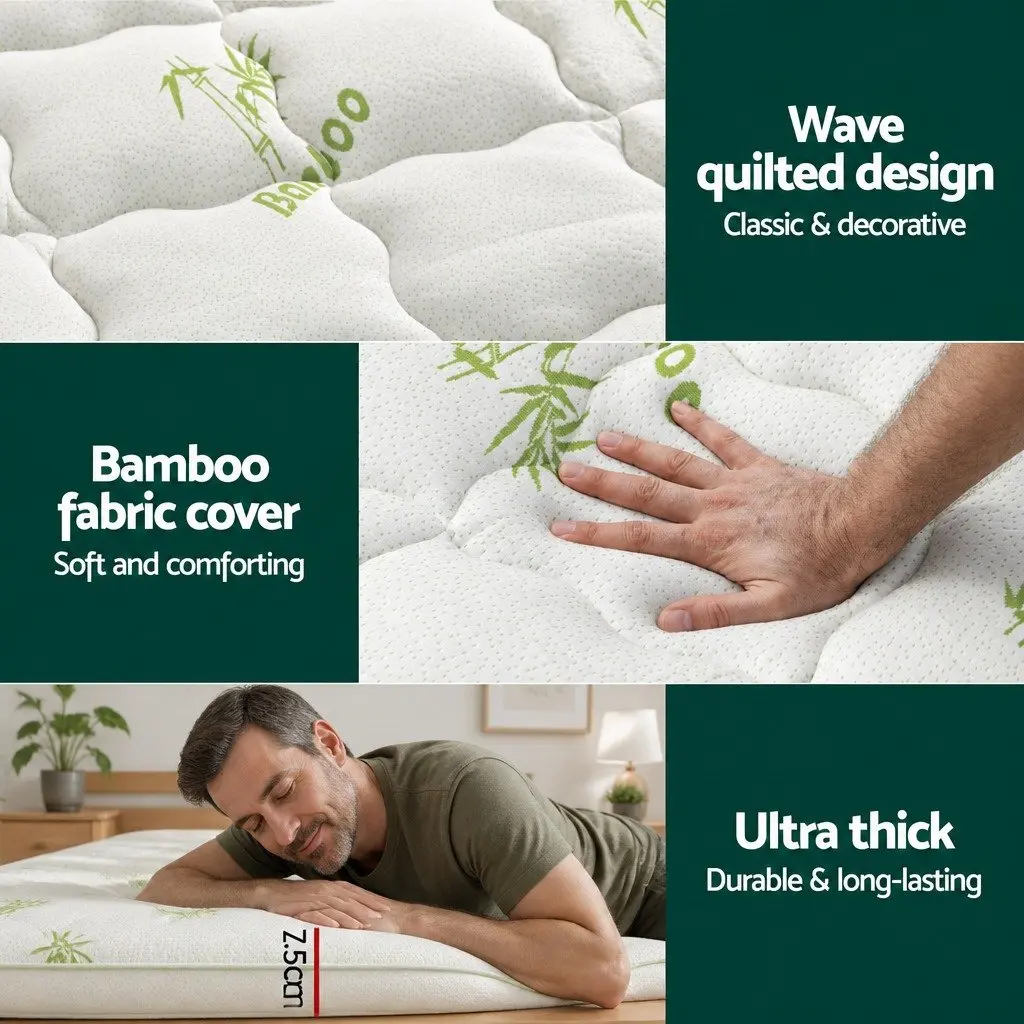King Mattress Topper Pillowtop 7.5cm Thick Bamboo Cover Washable White