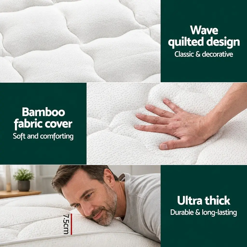 Pillowtop Mattress Topper 7.5cm Thick Queen Bed Protector Bamboo Cover White