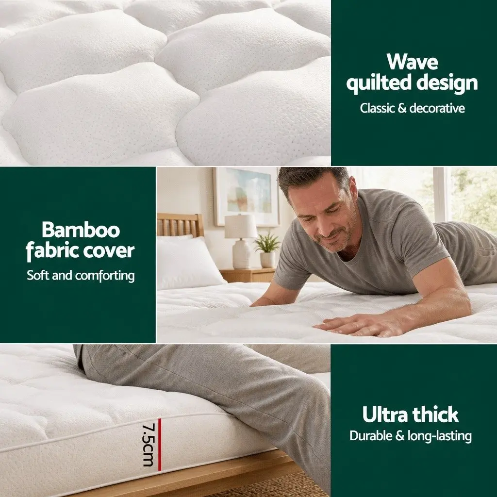 Mattress Topper Pillowtop Comfort 7.5cm Single Bed Bamboo Cover White