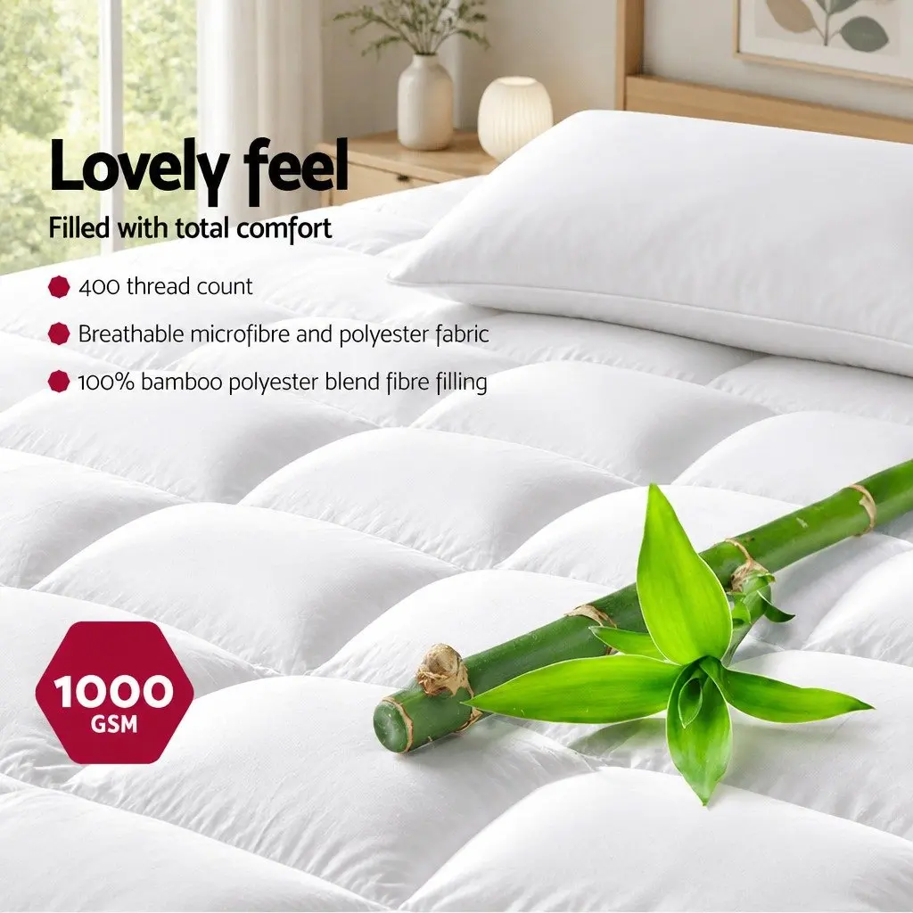 Double Mattress Topper 5cm Thick Microfibre Bamboo Charcoal Pad White 45cm Deep