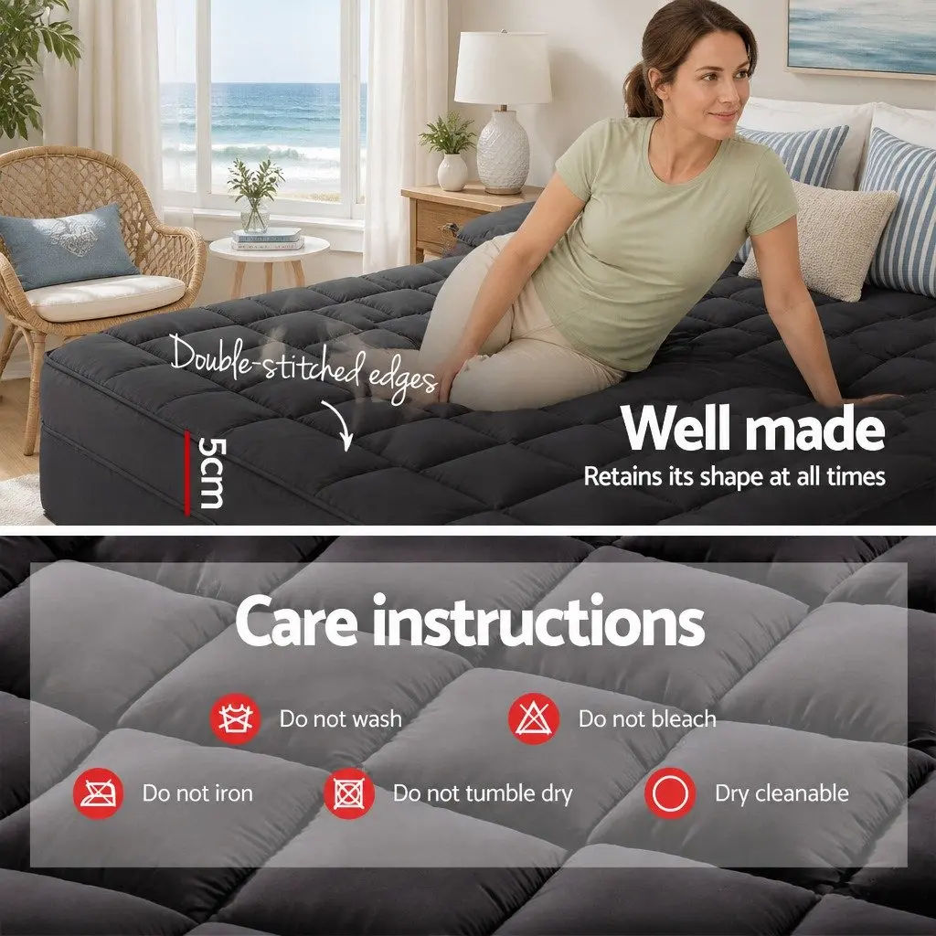 Mattress Topper King Single 5cm Thick Pillowtop Pad Grey