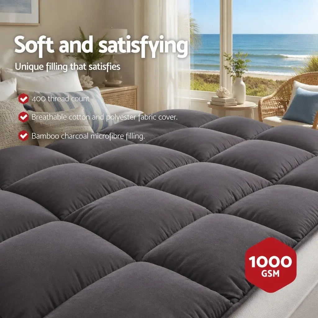 Mattress Topper King Single 5cm Thick Pillowtop Pad Grey