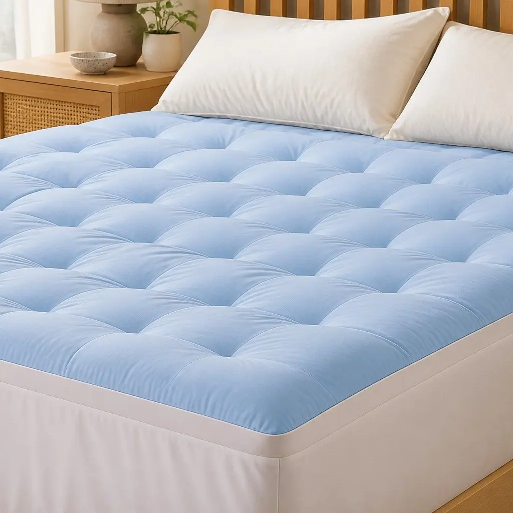 King Mattress Topper 5cm Pillowtop Reversible Cooling Coral Fleece Blue and White