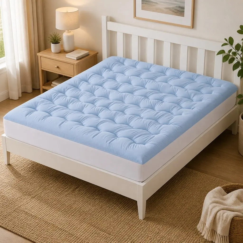 King Mattress Topper 5cm Pillowtop Reversible Cooling Coral Fleece Blue and White