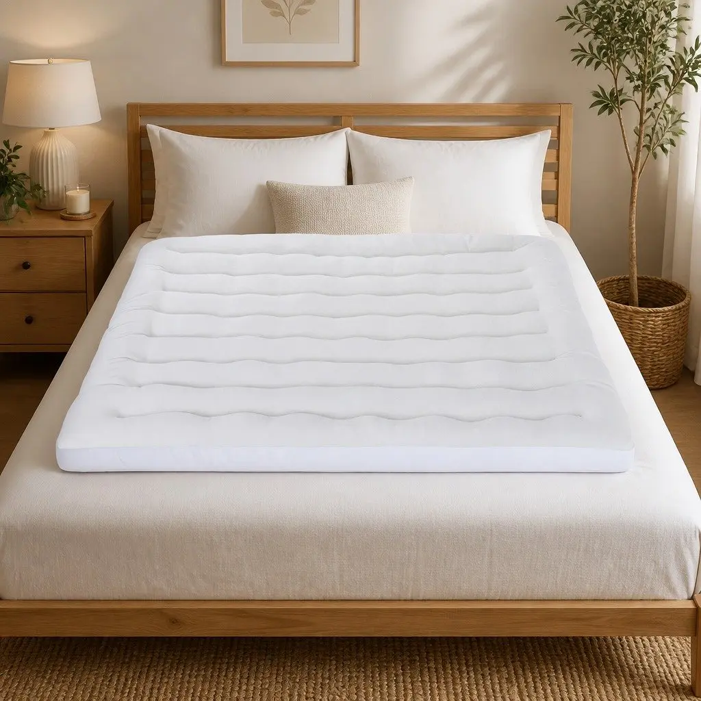 King Mattress Topper 5cm Pillowtop Reversible Cooling Coral Fleece Blue and White