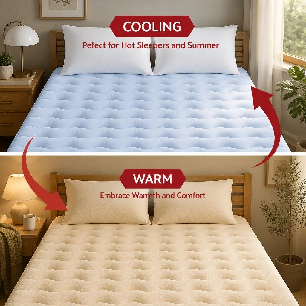 King Mattress Topper 5cm Pillowtop Reversible Cooling Coral Fleece Blue and White