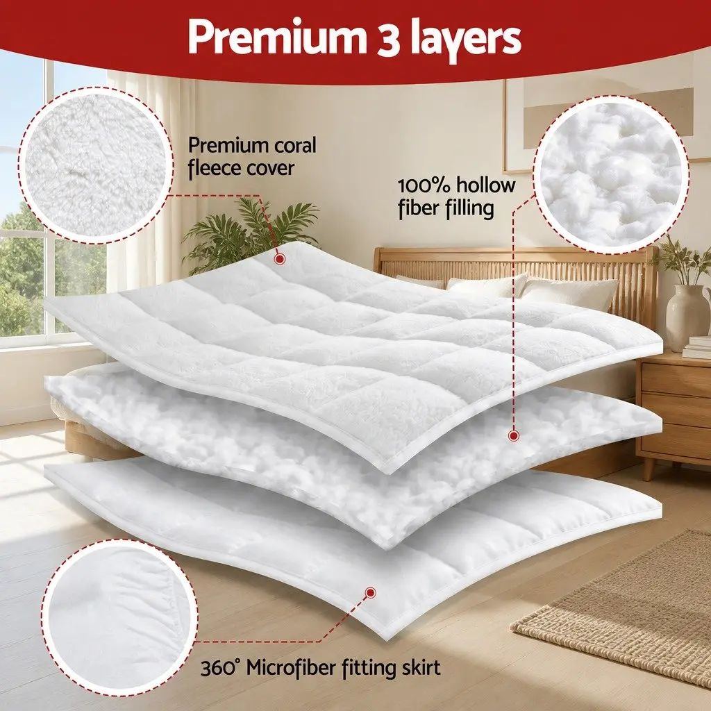 Mattress Topper King Single 5cm Coral Fleece White