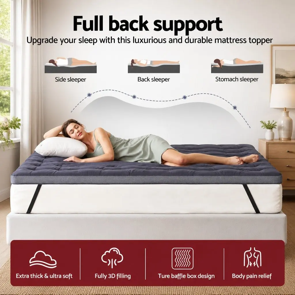 Mattress Topper 5cm Pillowtop Charcoal Grey Bamboo Polyester Fibre