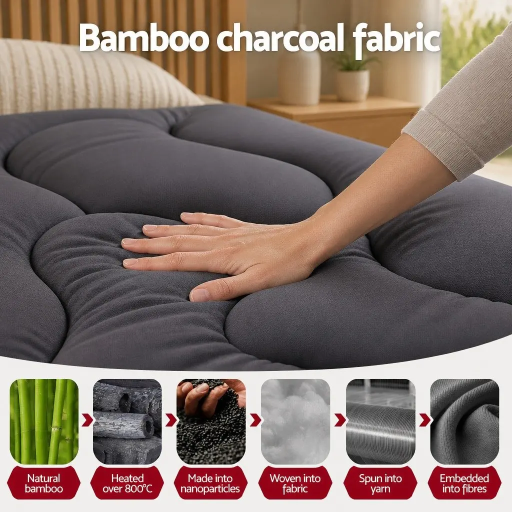 Mattress Topper 5cm Pillowtop Charcoal Grey Bamboo Polyester Fibre
