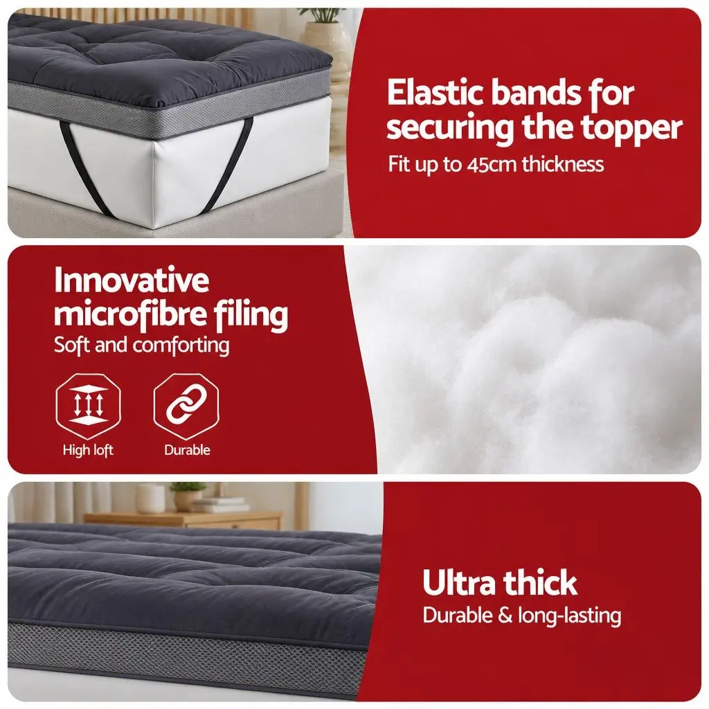 Mattress Topper 5cm Pillowtop Charcoal Grey Bamboo Polyester Fibre
