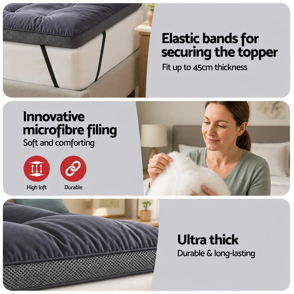 Mattress Topper Pillowtop 5cm Single Bed Pad Breathable Grey