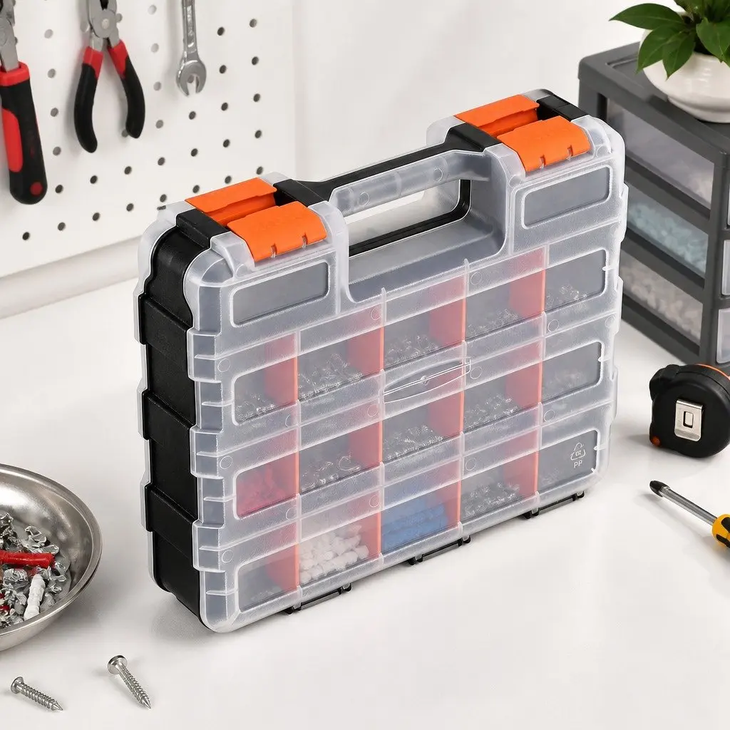 Double Sided Tool Box Organizer 34 Compartment Small Parts Storage Black and Orange