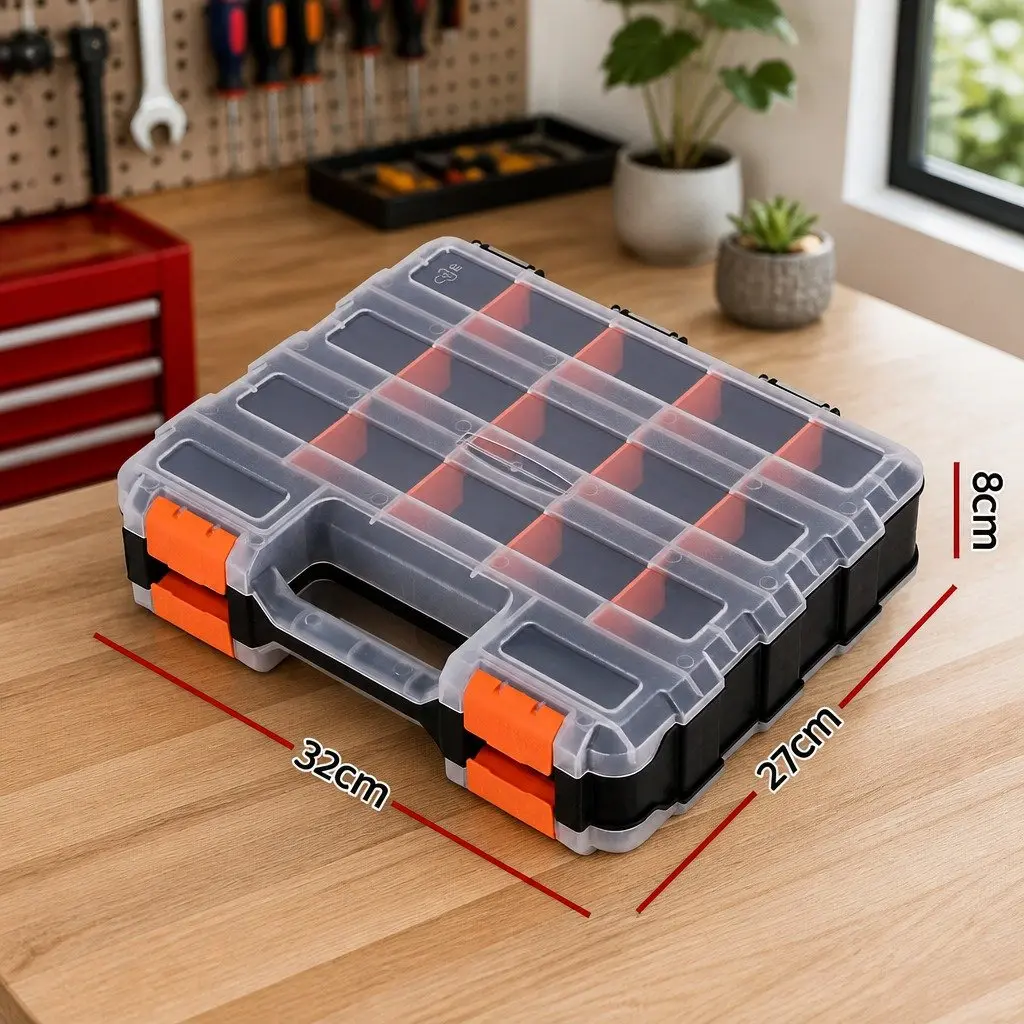 Double Sided Tool Box Organizer 34 Compartment Small Parts Storage Black and Orange