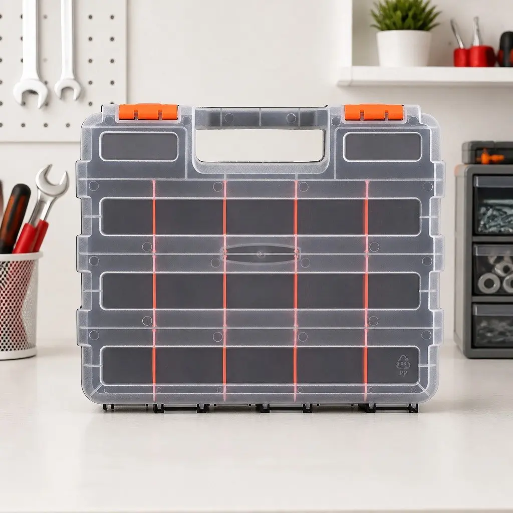 Double Sided Tool Box Organizer 34 Compartment Small Parts Storage Black and Orange