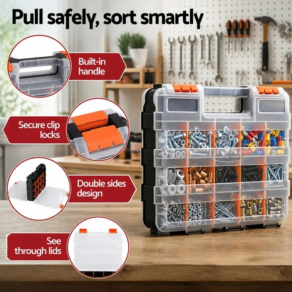 Double Sided Tool Box Organizer 34 Compartment Small Parts Storage Black and Orange