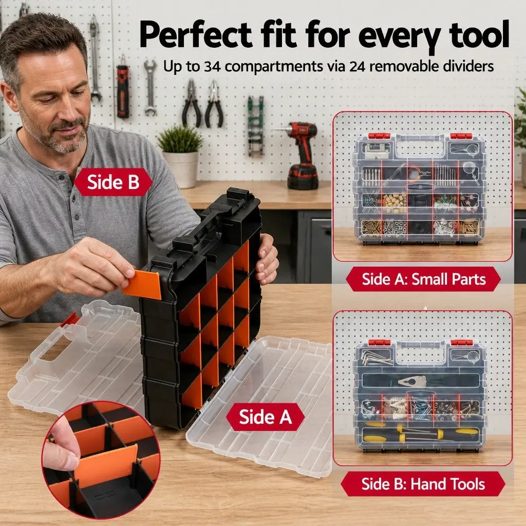 Double Sided Tool Box Organizer 34 Compartment Small Parts Storage Black and Orange