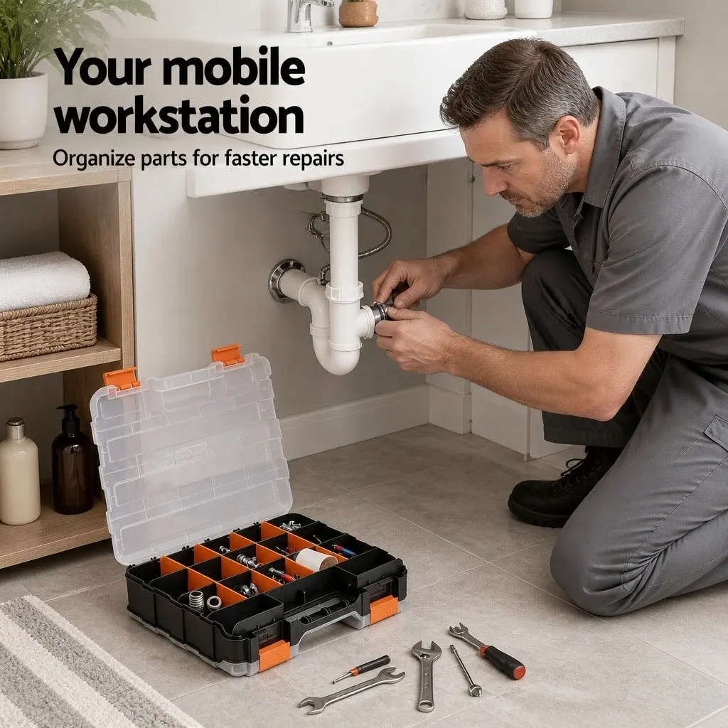 Double Sided Tool Box Organizer 34 Compartment Small Parts Storage Black and Orange