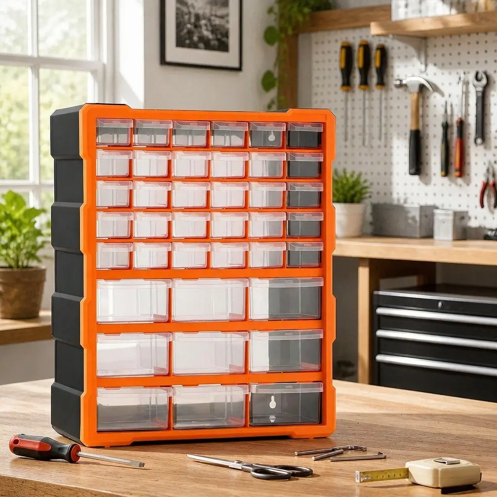 39-Drawer Tool Storage Cabinet Organizer for Small Parts and Hardware Black with Orange Accents