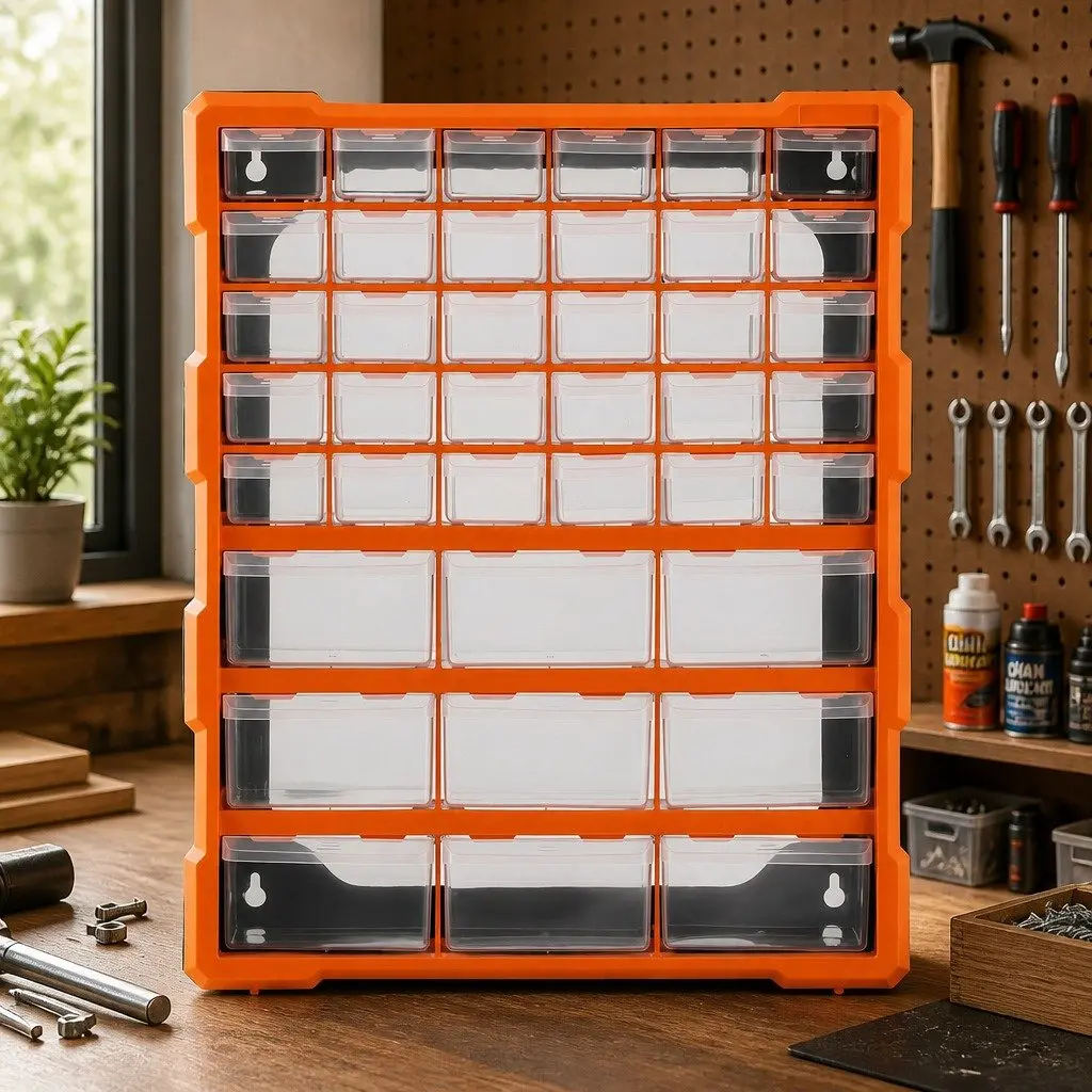 39-Drawer Tool Storage Cabinet Organizer for Small Parts and Hardware Black with Orange Accents