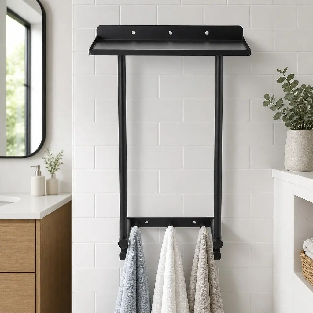 Wall Mounted Towel Rack Bathroom Organizer Shelf Holder 30cm Black