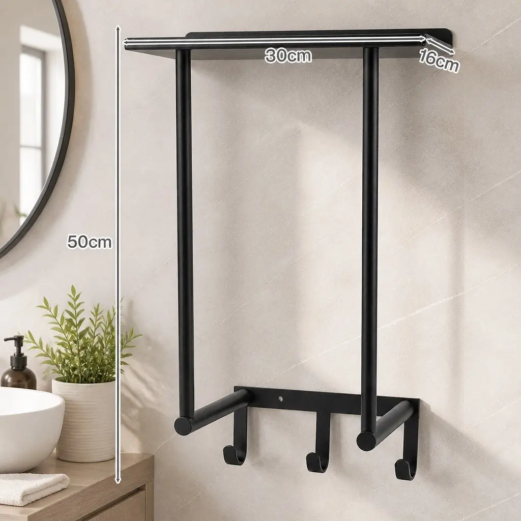 Wall Mounted Towel Rack Bathroom Organizer Shelf Holder 30cm Black