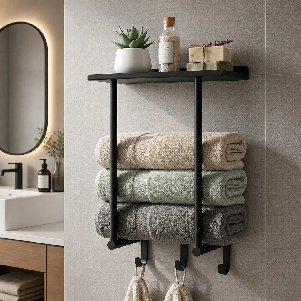 Wall Mounted Towel Rack Bathroom Organizer Shelf Holder 30cm Black