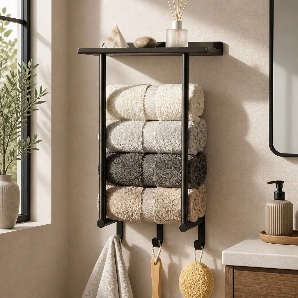 Wall Mounted Towel Rack Bathroom Organizer Shelf Holder 30cm Black