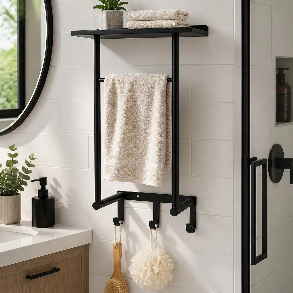 Wall Mounted Towel Rack Bathroom Organizer Shelf Holder 30cm Black