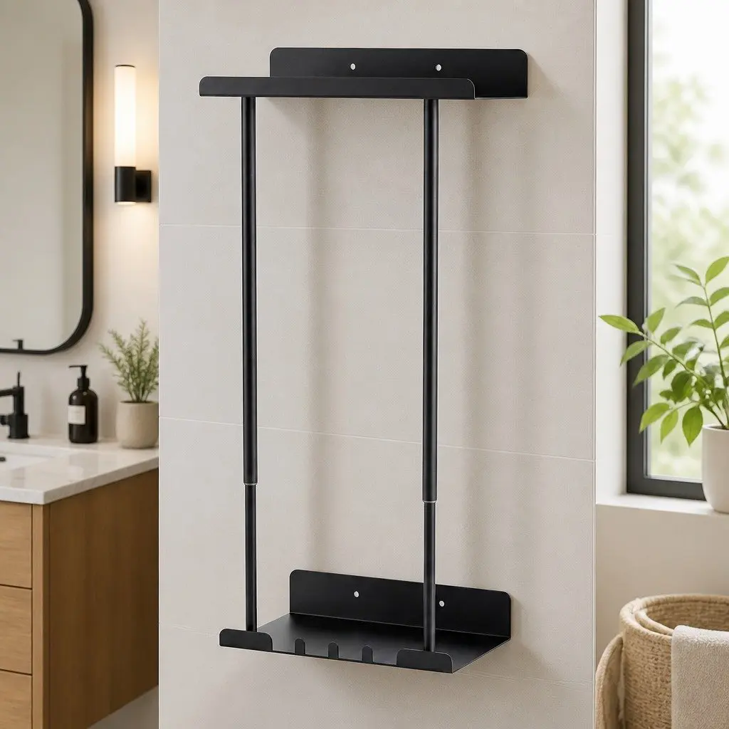 Adjustable Wall Mounted Towel Rack 3 Hooks Bathroom Storage Organizer Expandable