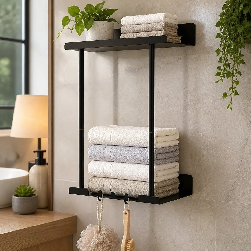 Adjustable Wall Mounted Towel Rack 3 Hooks Bathroom Storage Organizer Expandable