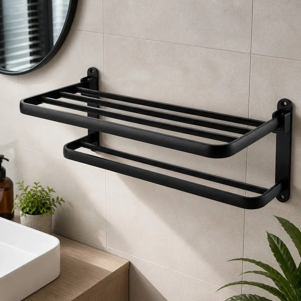 Wall Mounted Towel Rack Bathroom 2 Bar Storage Shelf Black Foldable Rail Holder