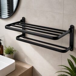 Wall Mounted Towel Rack Bathroom 2 Bar Storage Shelf Black Foldable Rail Holder